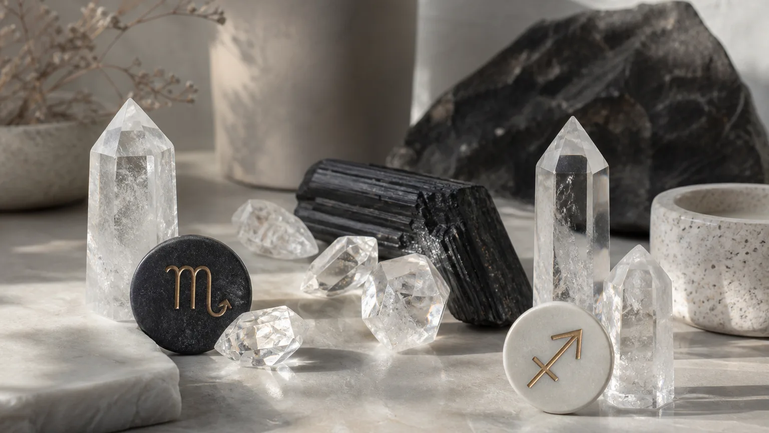 Scorpio and Sagittarius compatibility with Black Tourmaline, Herkimer Diamond, and Quartz crystals arranged with zodiac symbols ♏ and ♐