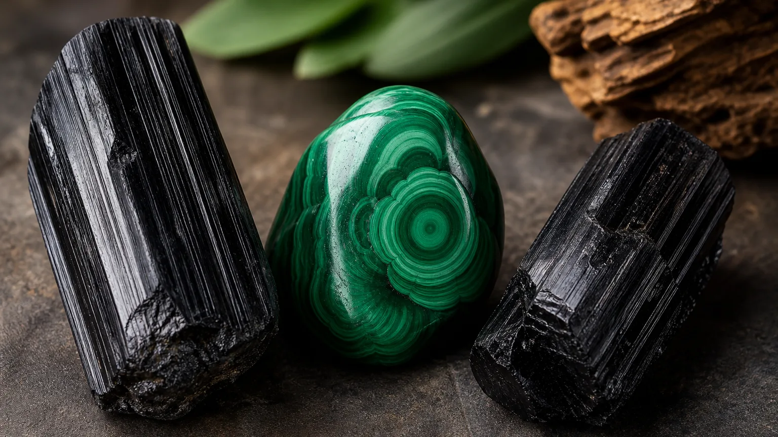 The best crystal pair for Scorpio and Scorpio: Black Tourmaline, Malachite, and Black Tourmaline shown together