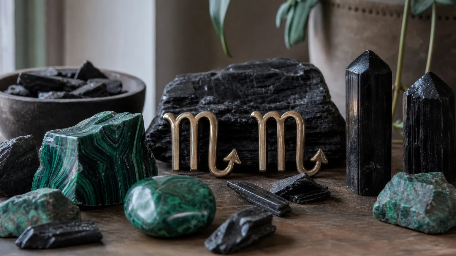 Scorpio and Scorpio compatibility with Black Tourmaline, Malachite, and Black Tourmaline crystals arranged with zodiac symbols ♏ and ♏