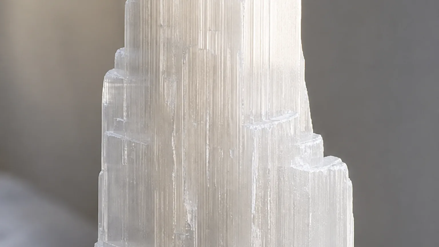 Selenite meaning guide with pale luminous crystal tower