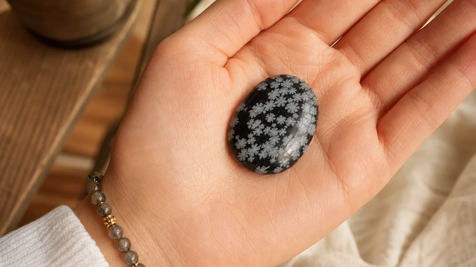 Snowflake obsidian palm stone benefits for balance and grounding