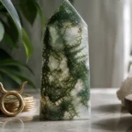 Taurus 2026 yearly horoscope with Moss Agate as crystal of the year, zodiac symbol ♉, representing money, values, and spiritual foundation