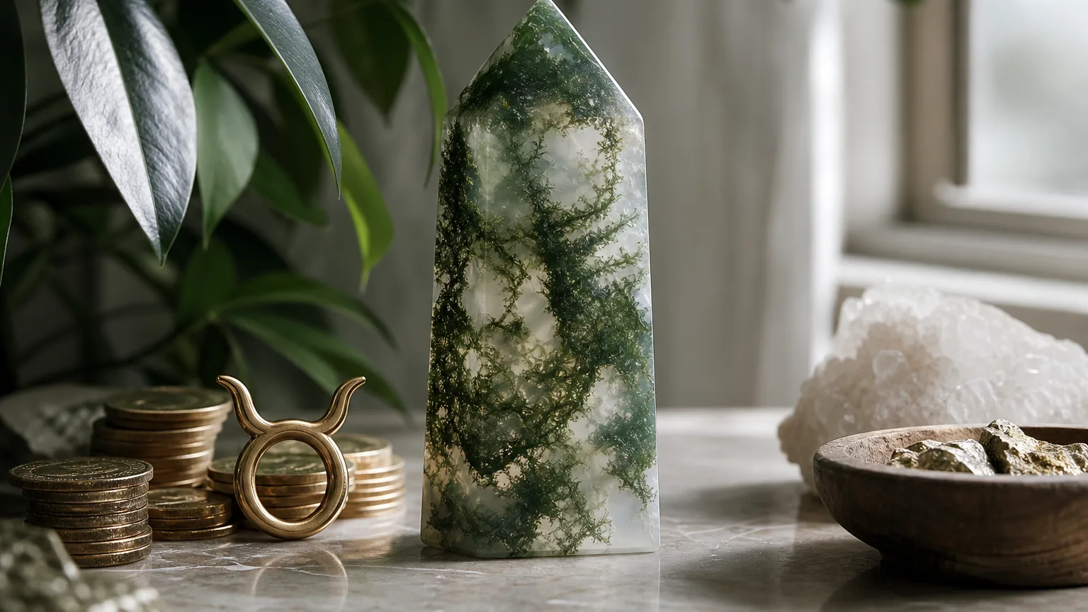 Taurus 2026 yearly horoscope with Moss Agate as crystal of the year, zodiac symbol ♉, representing money, values, and spiritual foundation