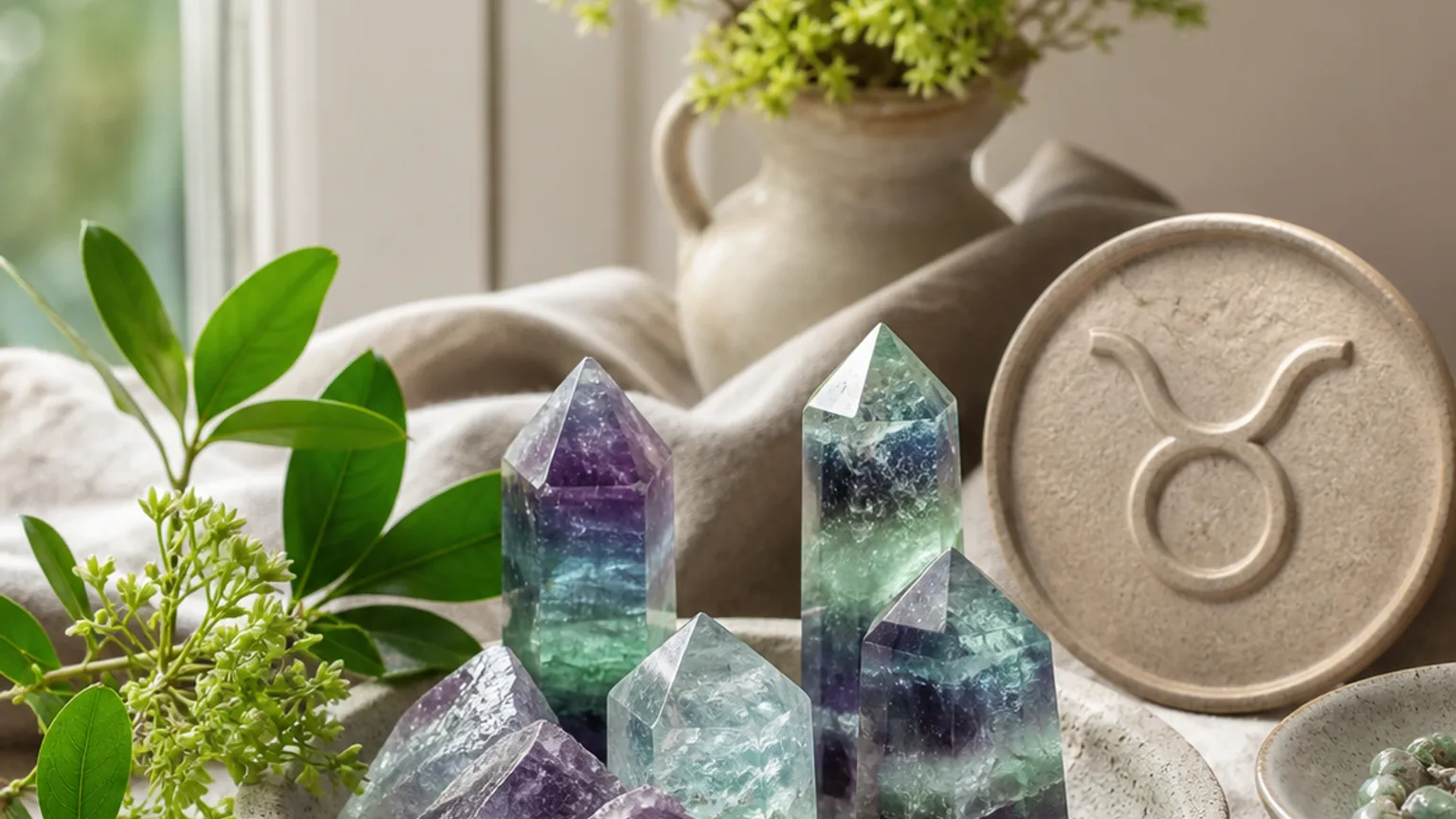 Taurus April 2026 monthly horoscope with Fluorite as crystal of the month, zodiac symbol ♉