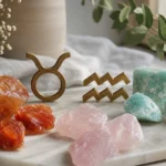 Taurus and Aquarius compatibility with Carnelian, Amazonite, and Rose Quartz crystals arranged with zodiac symbols ♉ and ♒