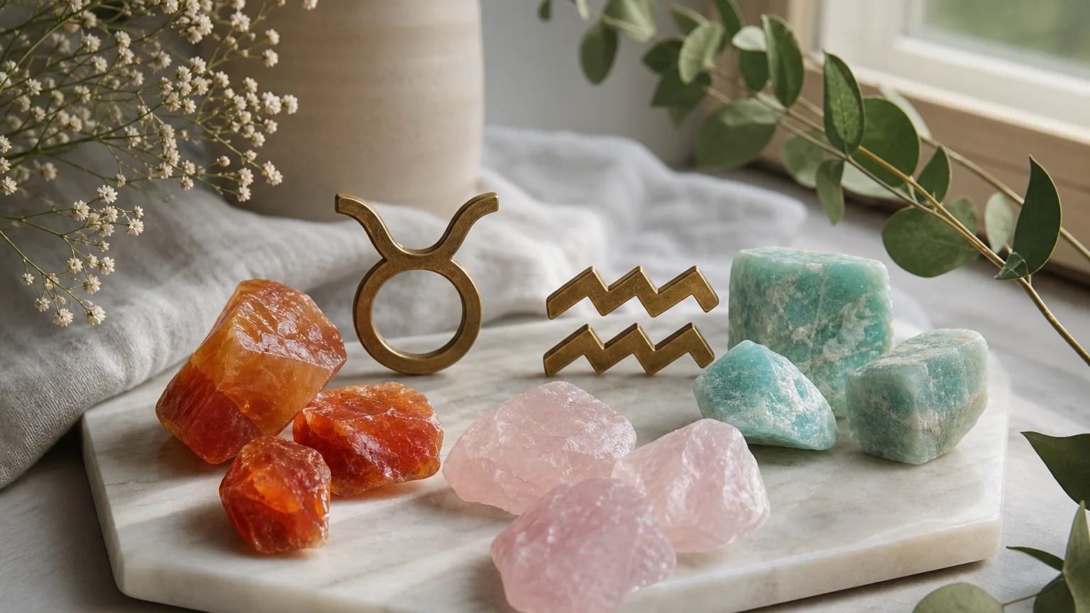 Taurus and Aquarius compatibility with Carnelian, Amazonite, and Rose Quartz crystals arranged with zodiac symbols ♉ and ♒