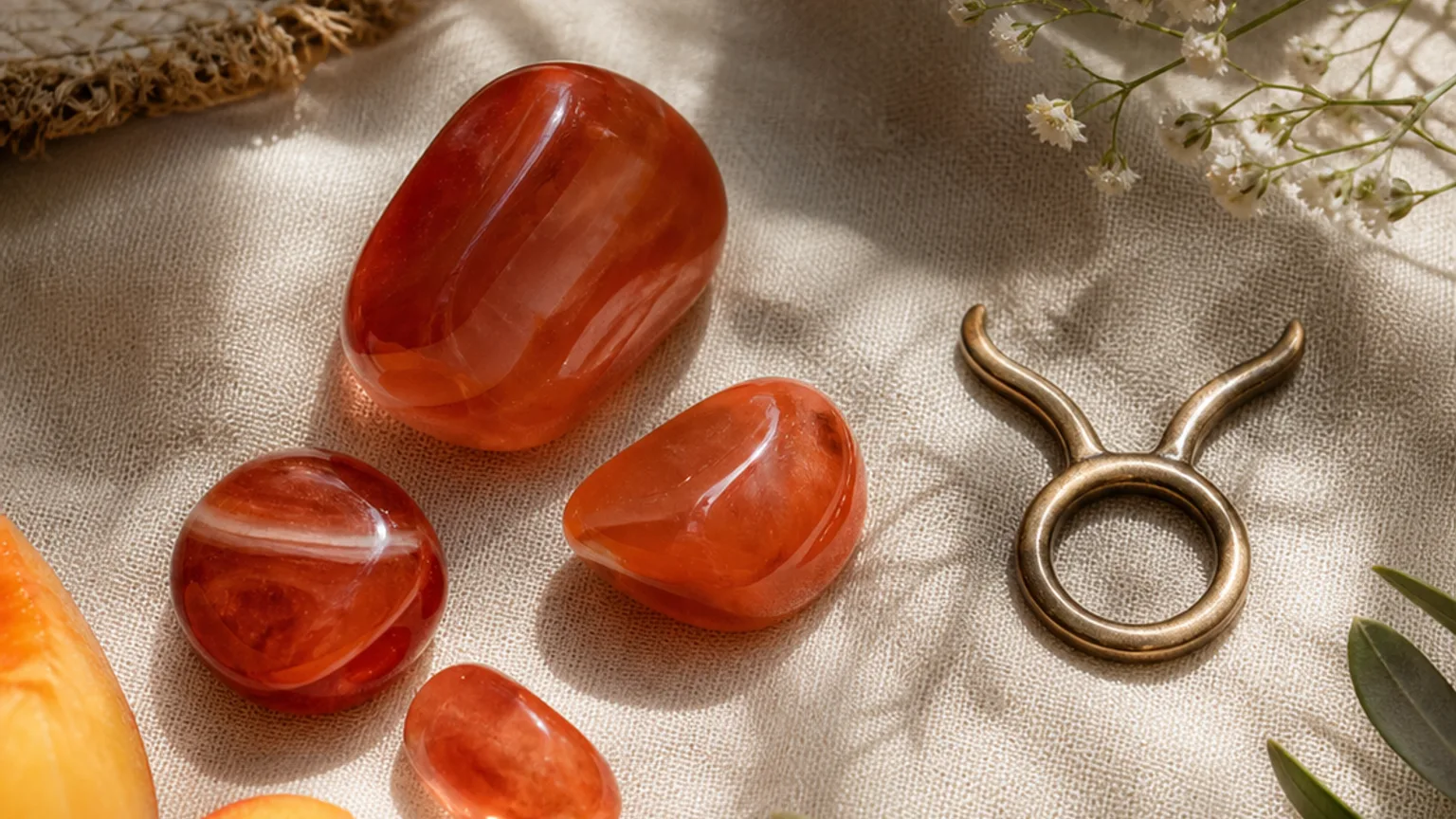 Taurus August 2026 monthly horoscope with Carnelian as crystal of the month, zodiac symbol ♉
