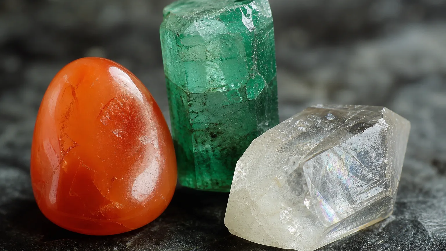The best crystal pair for Taurus and Cancer: Carnelian, Emerald, and Quartz shown together
