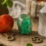 Taurus and Cancer compatibility with Carnelian, Emerald, and Quartz crystals arranged with zodiac symbols ♉ and ♋