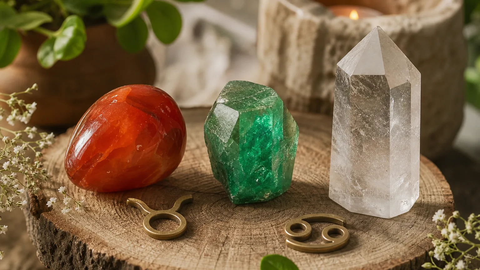 Taurus and Cancer compatibility with Carnelian, Emerald, and Quartz crystals arranged with zodiac symbols ♉ and ♋