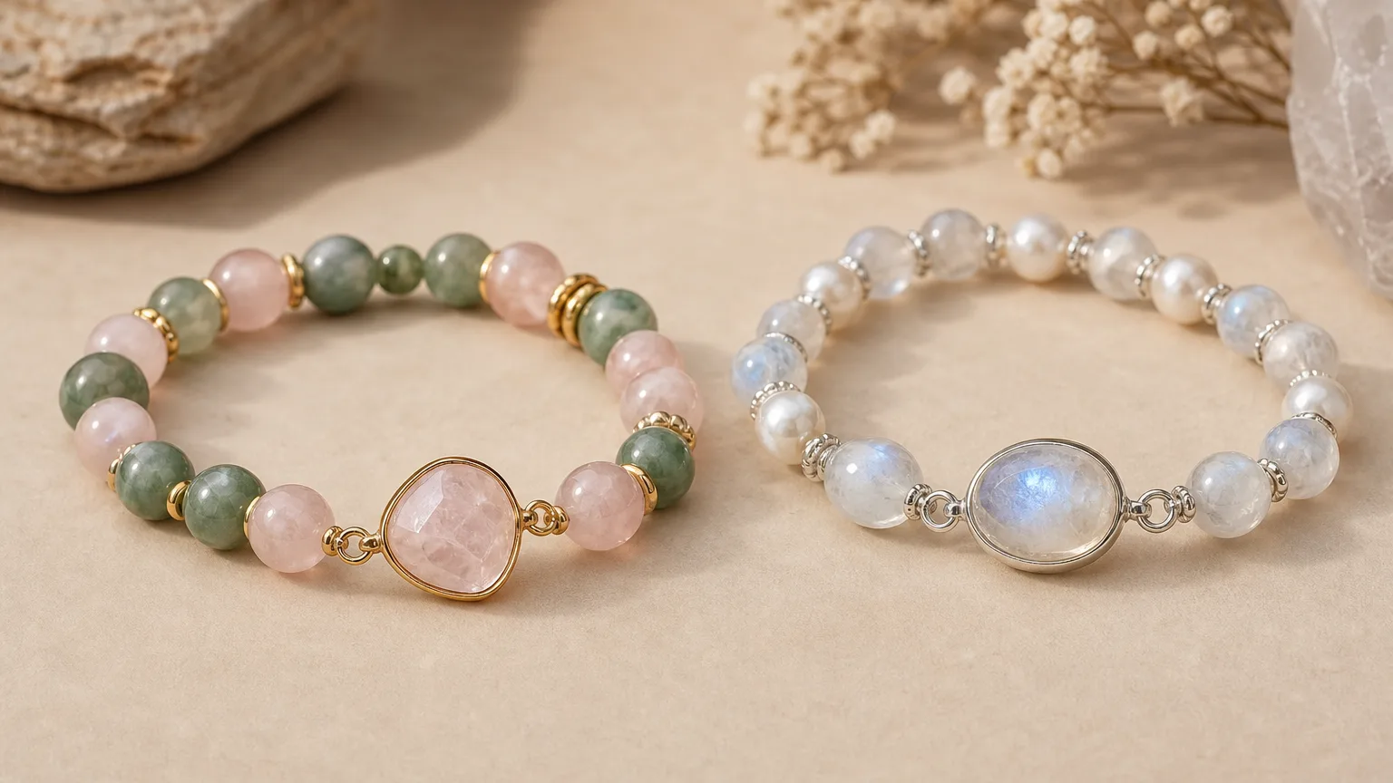 How Taurus and Cancer can use crystals together: two crystal bracelets side by side