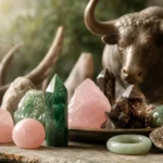 Best crystals for Taurus: Rose Quartz, Emerald, Jade, Smoky Quartz and more arranged with a Taurus bull motif