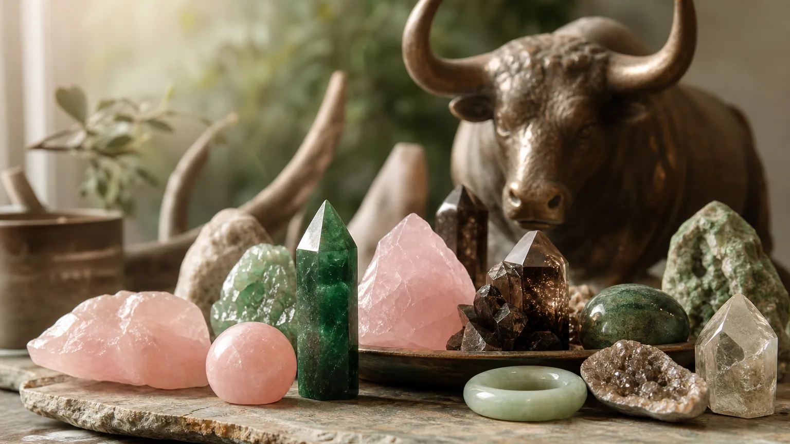 Best crystals for Taurus: Rose Quartz, Emerald, Jade, Smoky Quartz and more arranged with a Taurus bull motif
