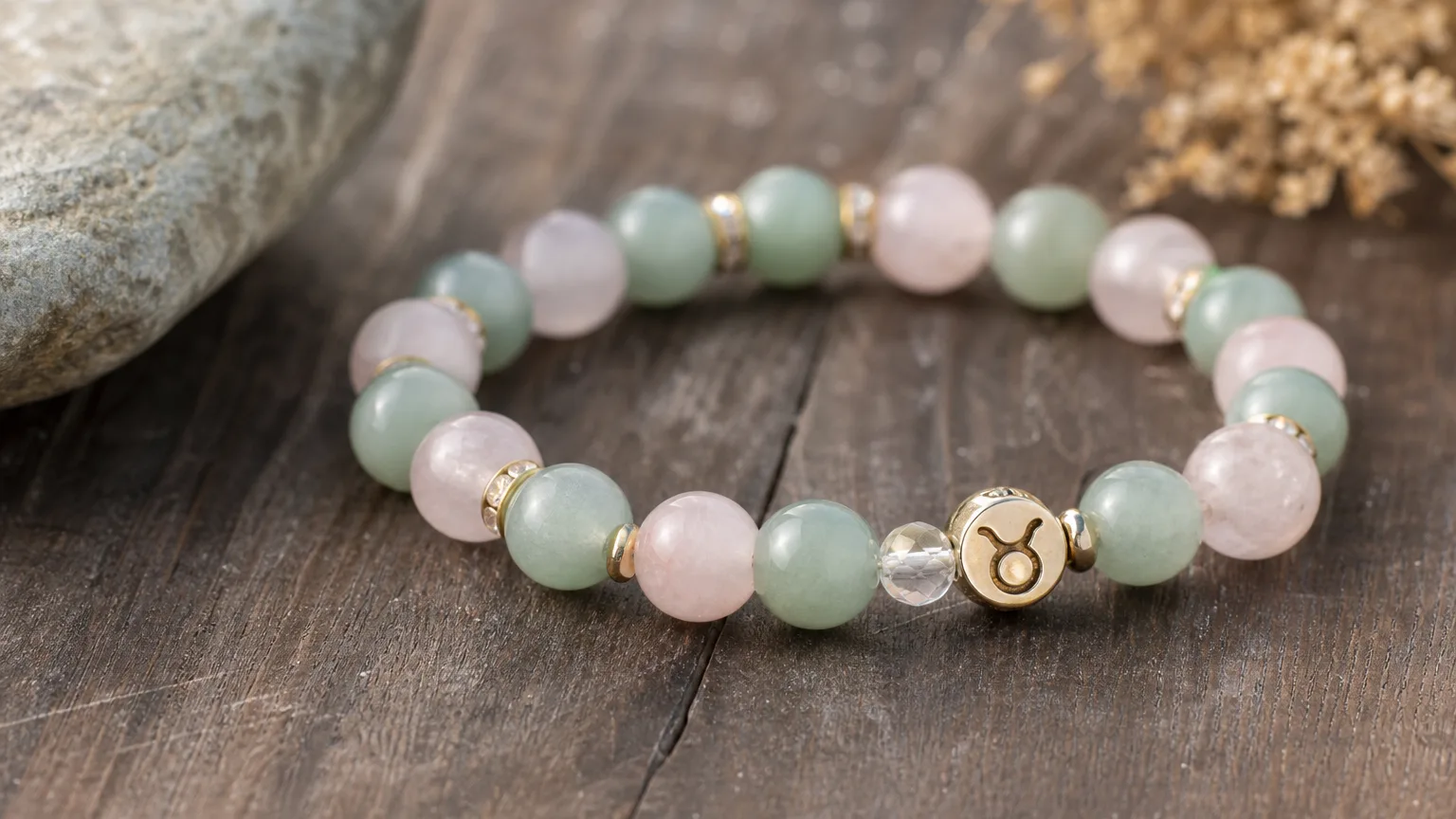 How to use Taurus crystals: a Rose Quartz and Jade bracelet on a wooden surface