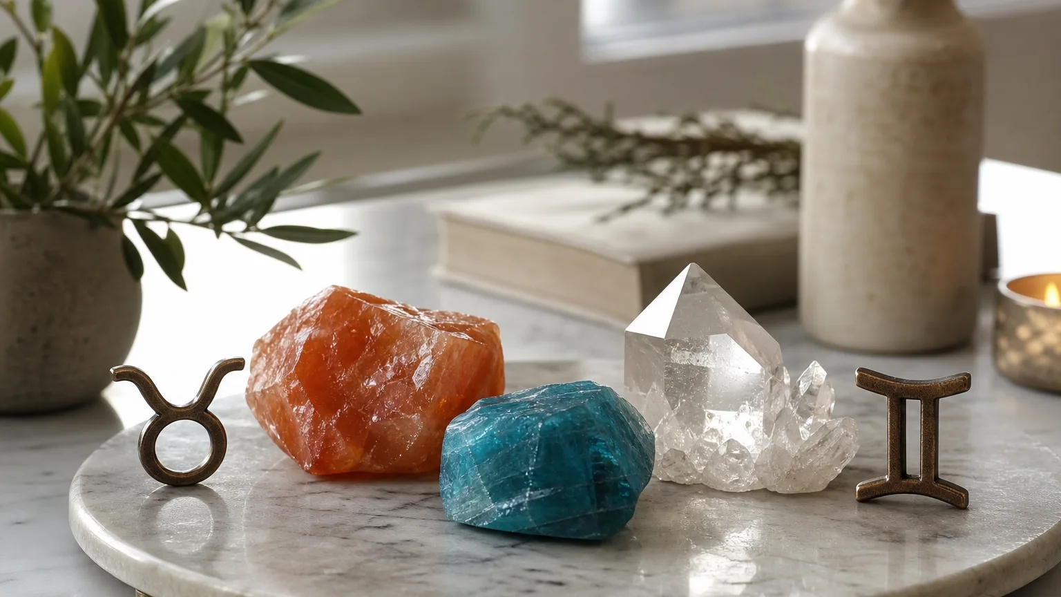 Taurus and Gemini compatibility with Carnelian, Apatite, and Quartz crystals arranged with zodiac symbols ♉ and ♊