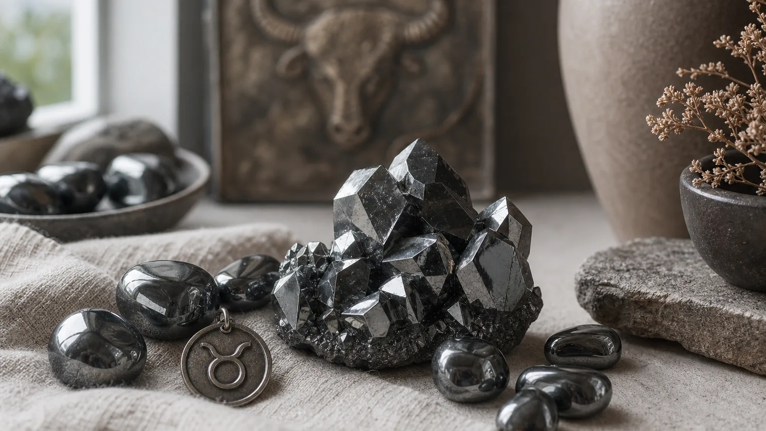 Taurus January 2026 monthly horoscope with Hematite as crystal of the month, zodiac symbol ♉