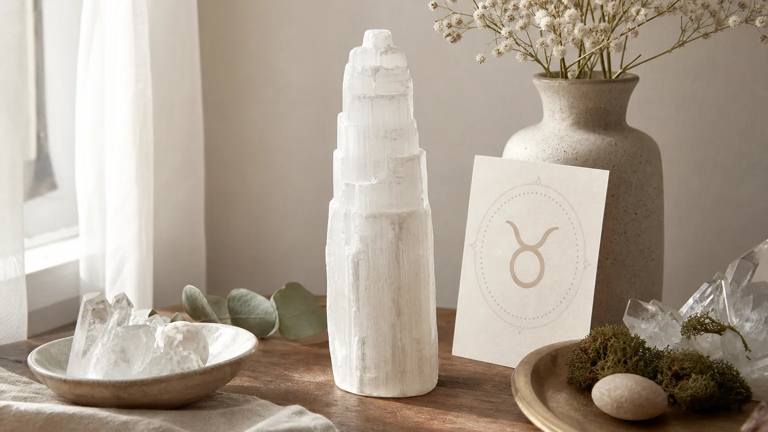 Taurus July 2026 monthly horoscope with Selenite as crystal of the month, zodiac symbol ♉