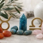 Taurus and Libra compatibility with Carnelian, Apatite, and Rose Quartz crystals arranged with zodiac symbols ♉ and ♎