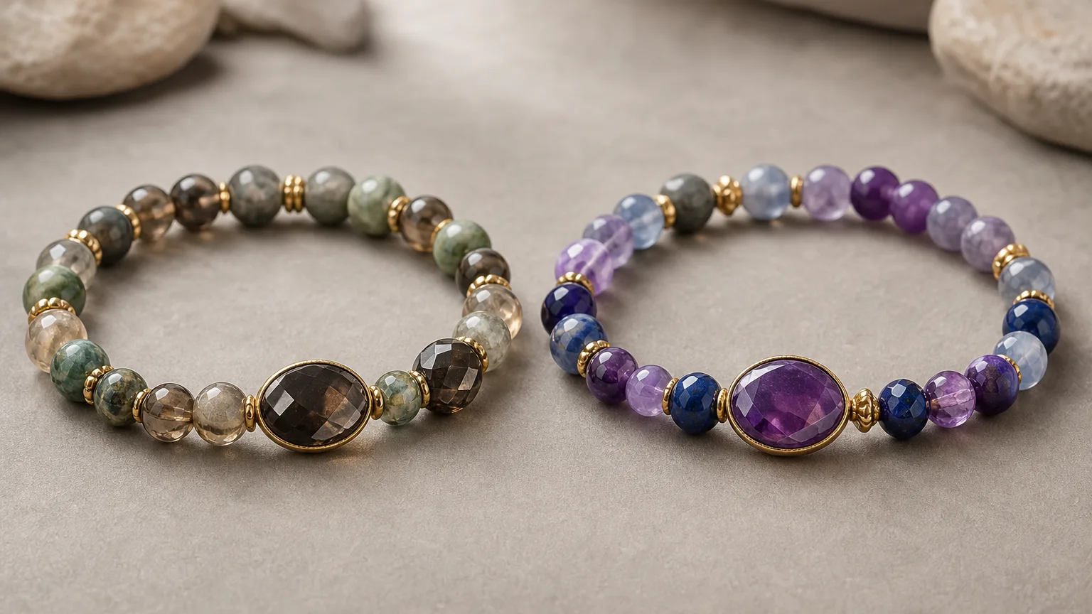 How Taurus and Sagittarius can use crystals together: two crystal bracelets side by side