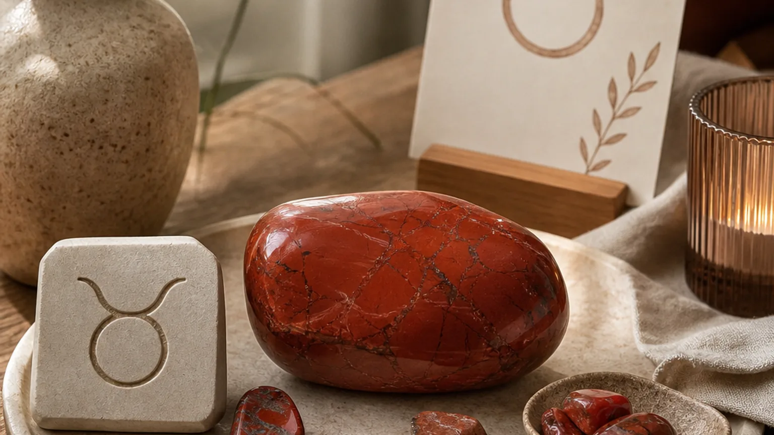 Taurus September 2026 monthly horoscope with Red Jasper as crystal of the month, zodiac symbol ♉