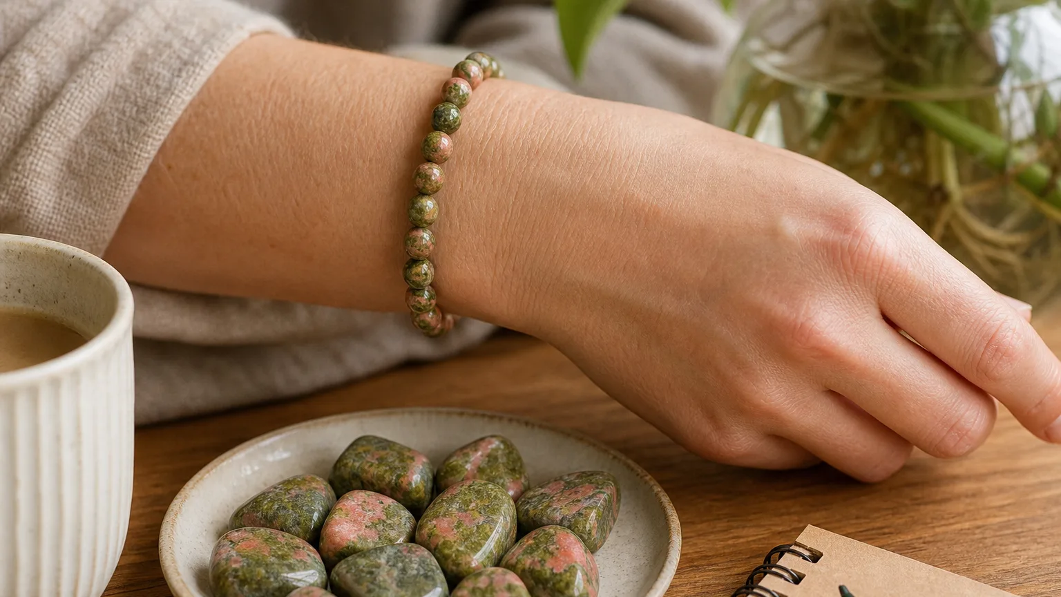 Unakite tumbled stone benefits for balance and patience