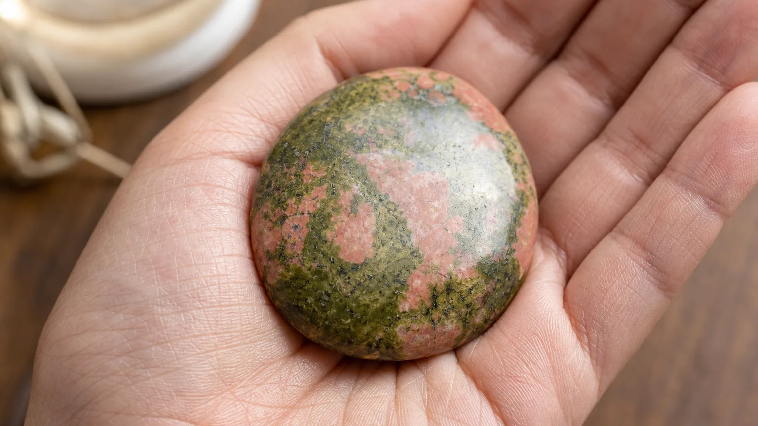 Unakite tumbled palm stone for balance and patience
