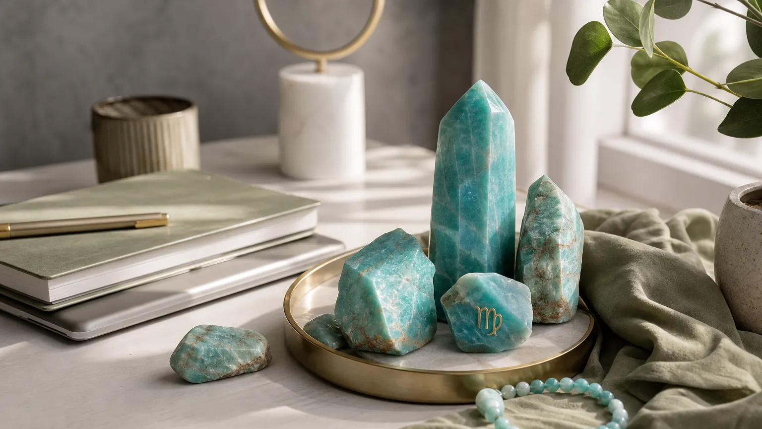 Virgo 2026 yearly horoscope with Amazonite as crystal of the year, zodiac symbol ♍, representing work transformation and deep partnership