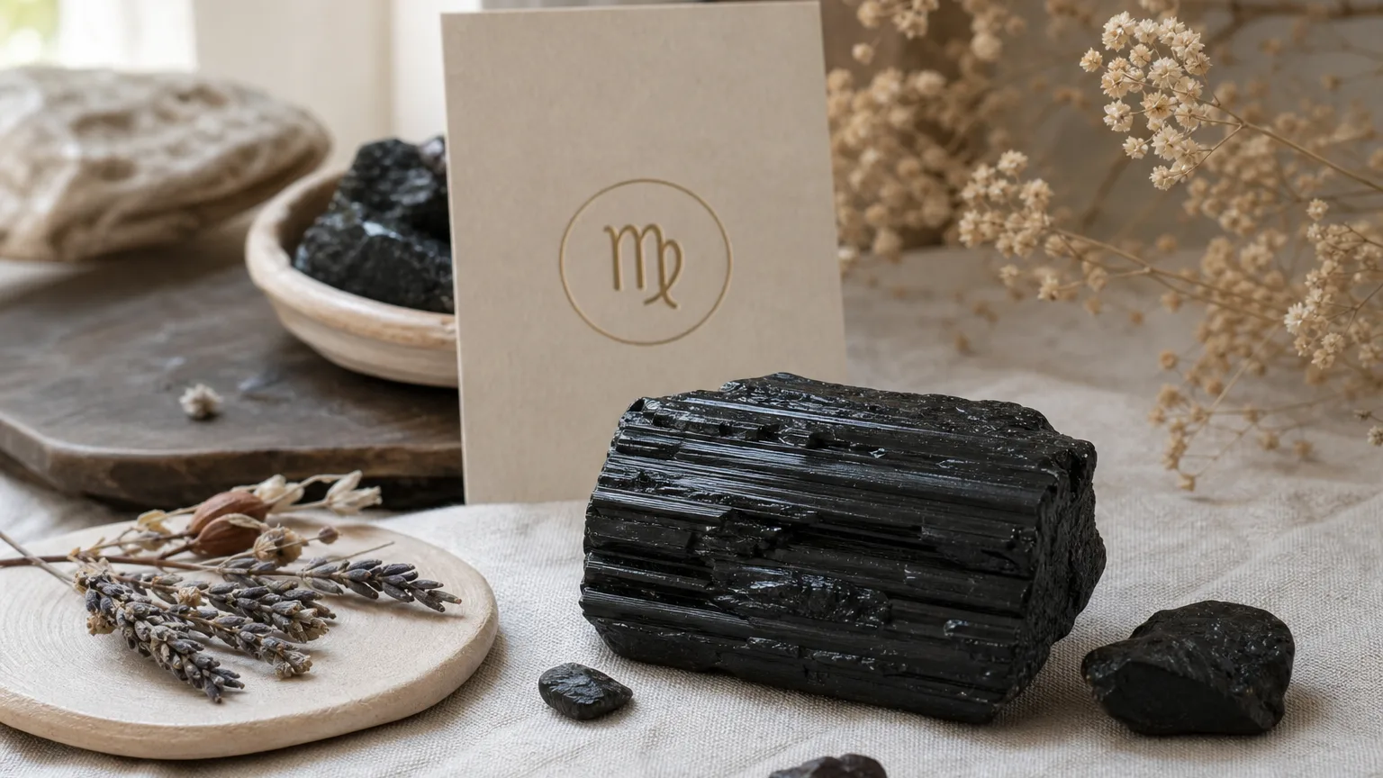 Virgo February 2026 monthly horoscope with Black Tourmaline as crystal of the month, zodiac symbol ♍