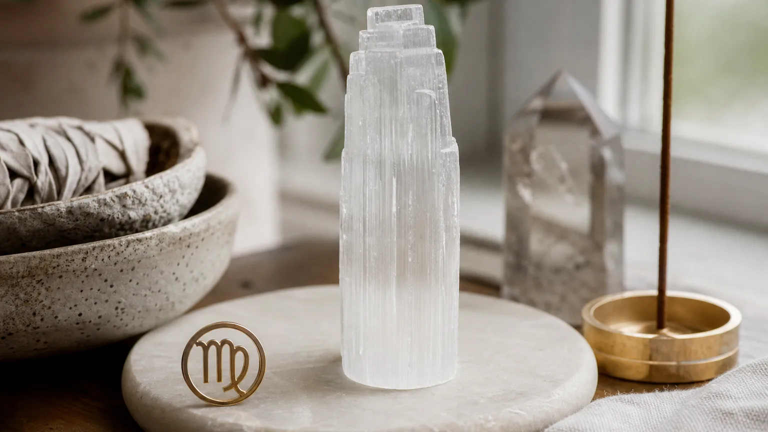 Virgo July 2026 monthly horoscope with Selenite as crystal of the month, zodiac symbol ♍