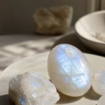 Virgo June 2026 monthly horoscope with Moonstone as crystal of the month, zodiac symbol ♍