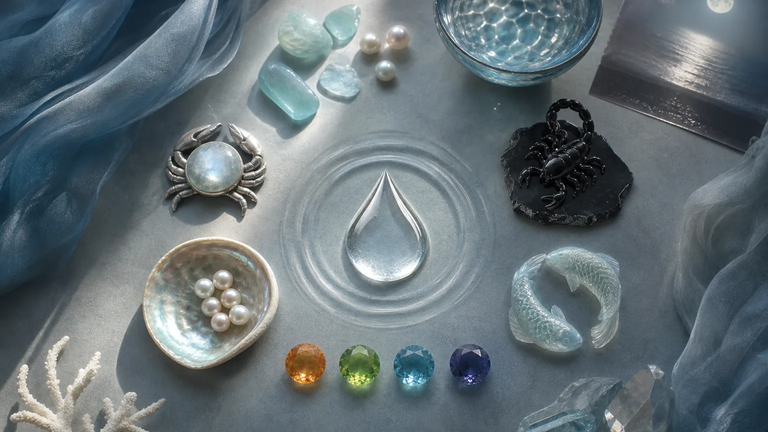 An Water element concept diagram with the water symbol at center, surrounded by its core qualities, zodiac signs, chakras and colors in a clean minimalist layout