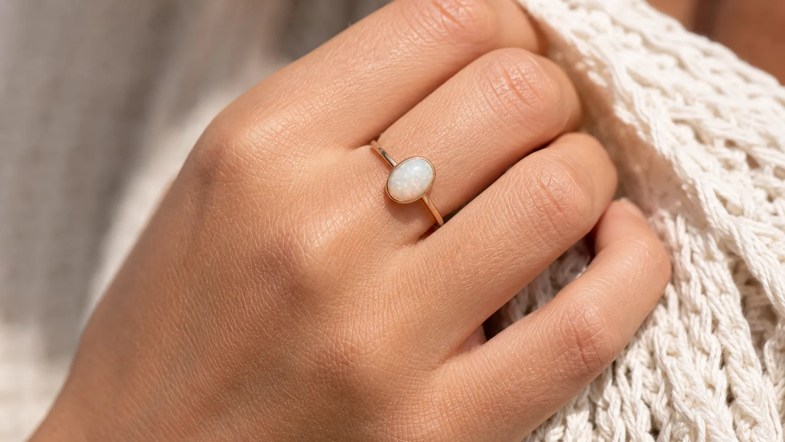 White opal cabochon ring worn for daily hope