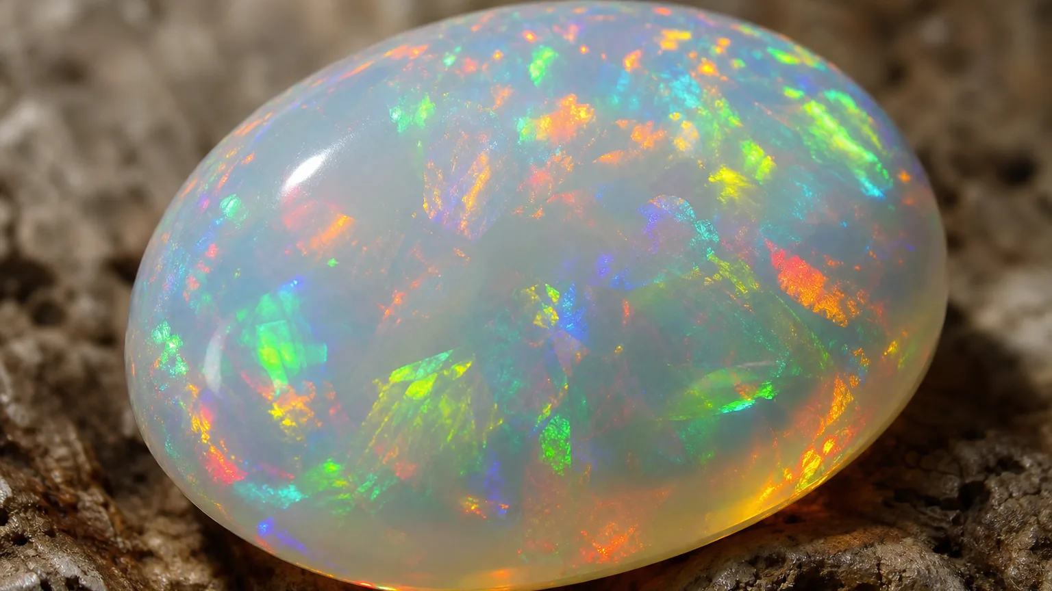 White opal milky body with rainbow play-of-color close-up