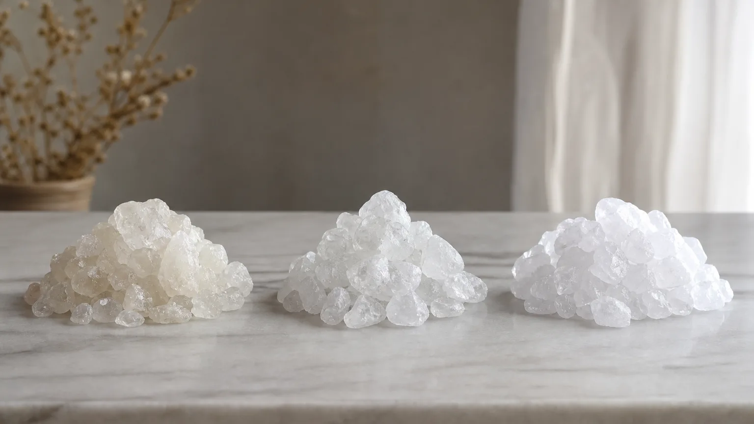 A shade guide of white crystals showing light, medium and deep white samples side by side for identification, even studio light, reference chart style