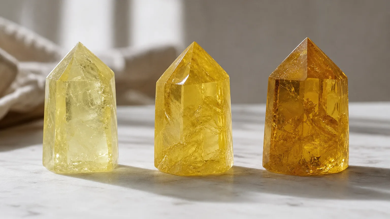 A shade guide of yellow crystals showing light, medium and deep yellow samples side by side for identification, even studio light, reference chart style