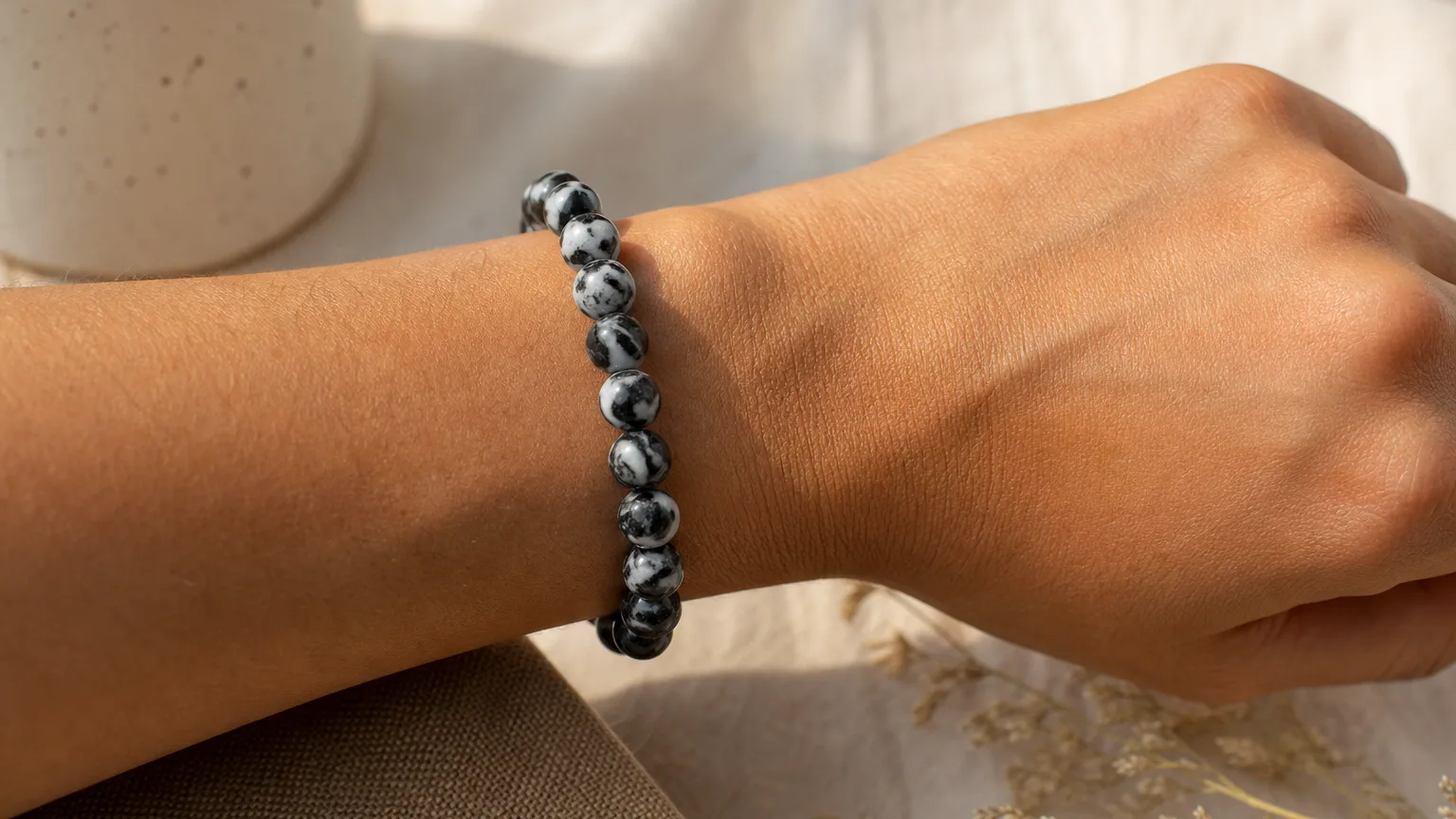 Zebra jasper bracelet worn on the wrist for daily balance
