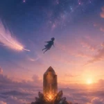 Surreal dream illustration of a feather and a faceless silhouette drifting above luminous clouds with a smoky quartz crystal as a grounding anchor.