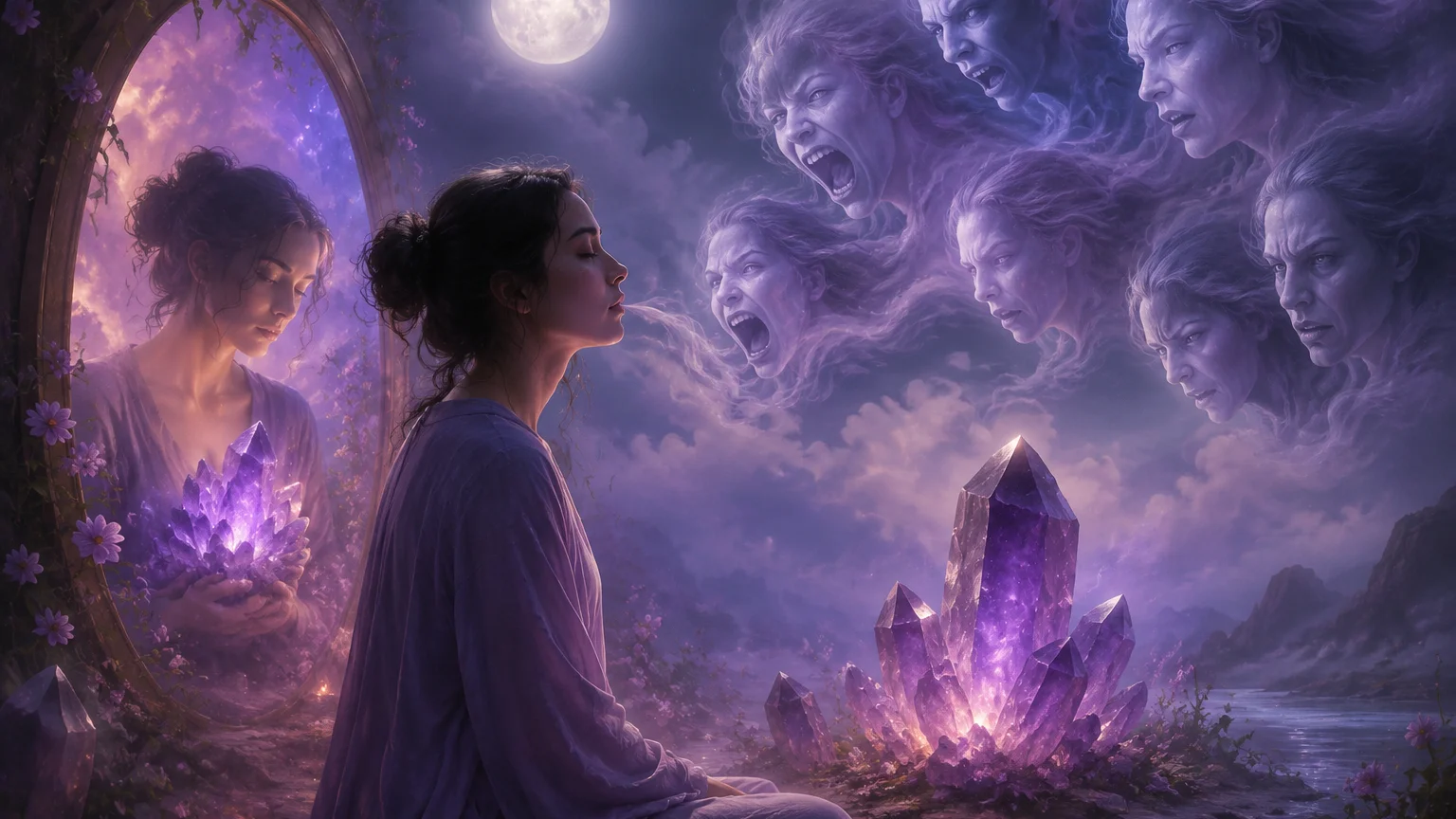 Dream journal scene for spiritual meaning of hearing evil voices in a dream with calming crystals