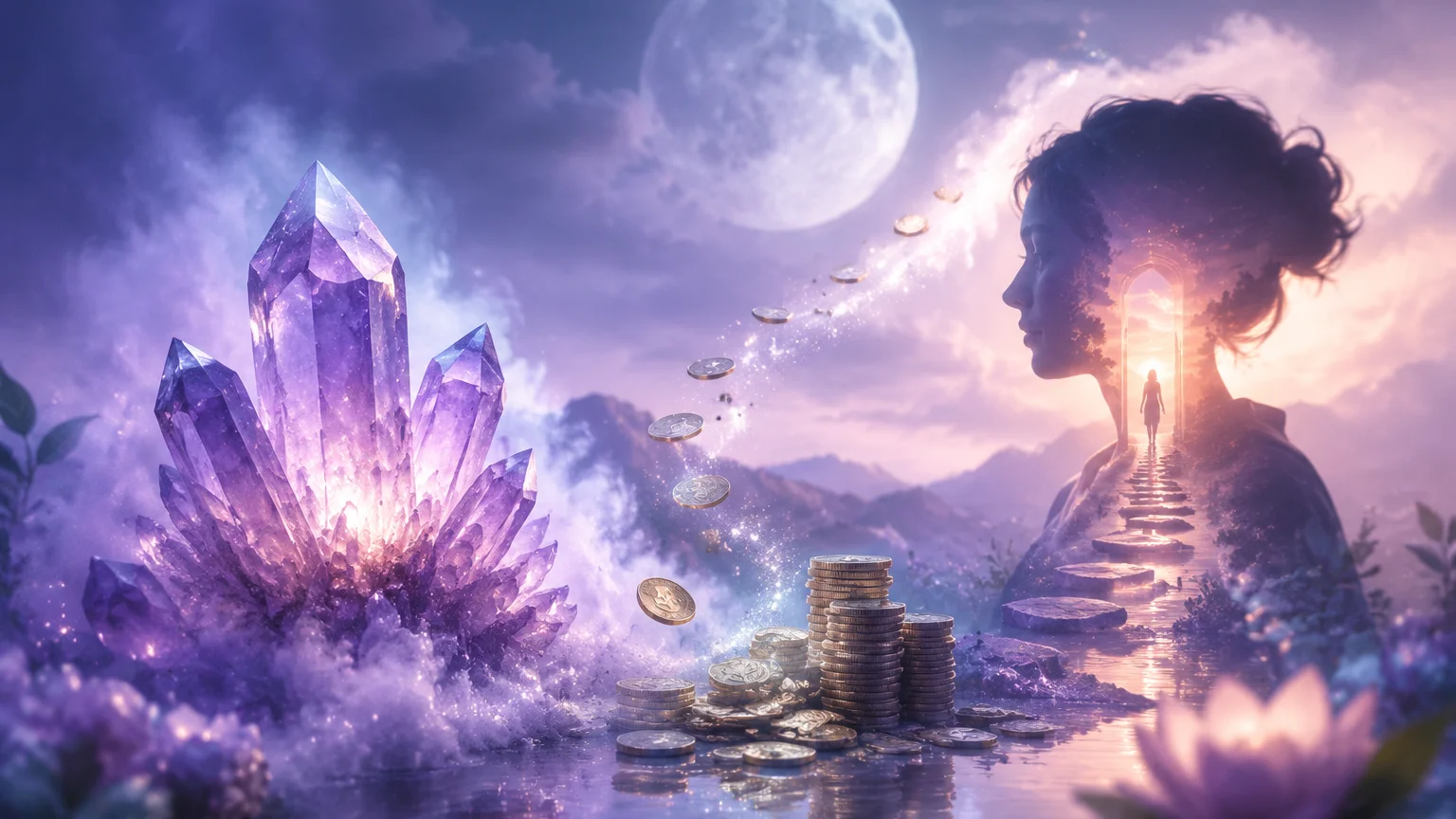 Dream journal scene for dreaming of money spiritual meaning with calming crystals